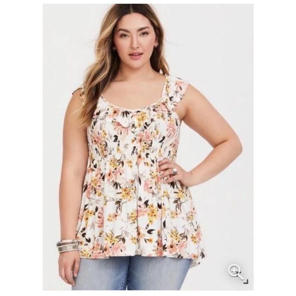 TORRID Super Soft Knits Ivory Pink Floral Ruffle Tank Top Size 00 Equal-M/L 10
